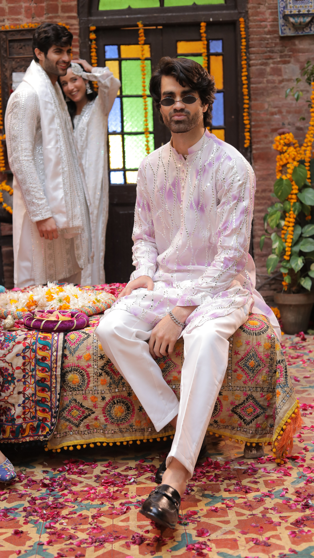 MR 83 Wite And Purple Chanderi Kurta for Groom And Pajama