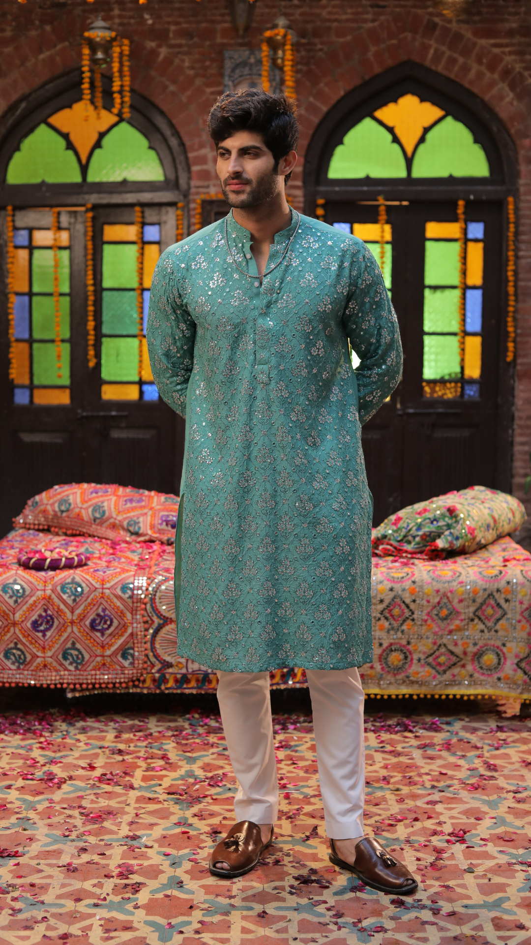 MR 80 Sea Green Chanderi Kurta For Groom And Trouser