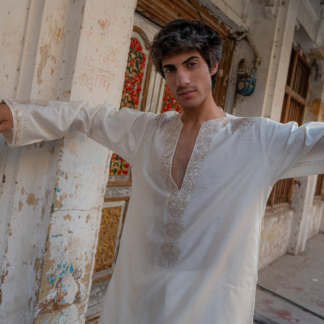 CK 755 White Short Embroidered Kurta With Bell Bottom