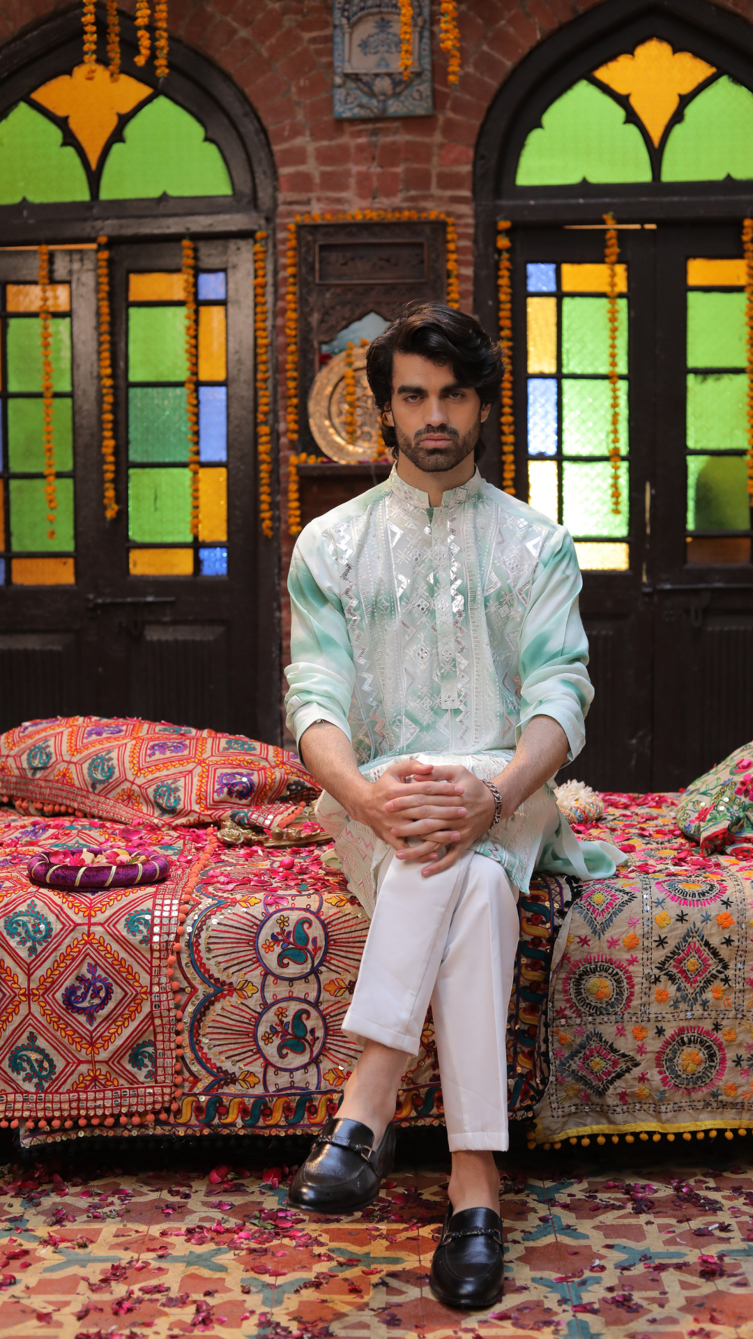 MR 78 White And Green Chanderi Kurta With Trouser