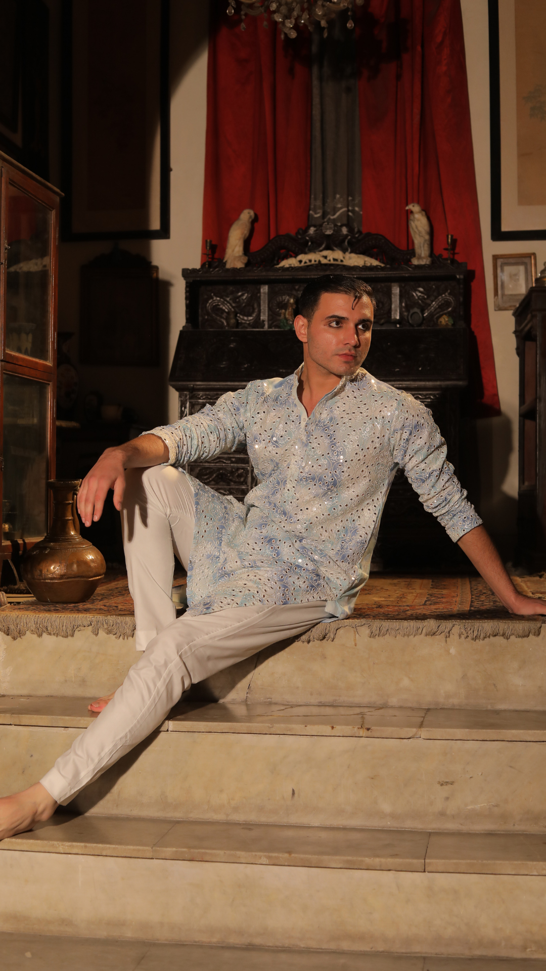 MR 77 White And Blue Chanderi Kurta With Trouser