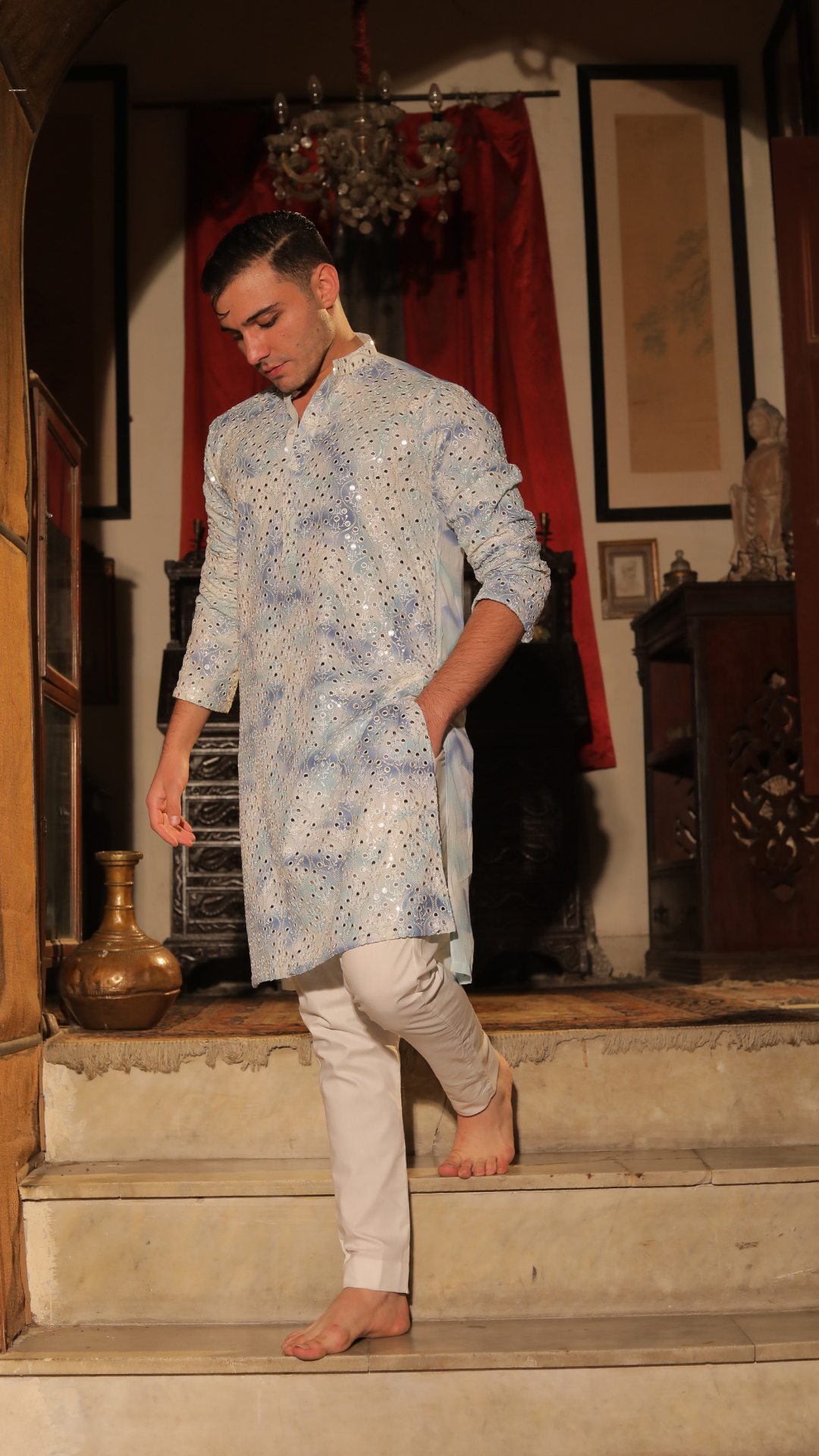 MR 77 White And Blue Chanderi Kurta With Trouser