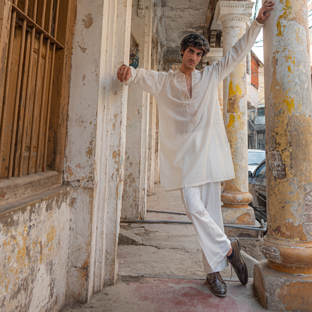CK 755 White Short Embroidered Kurta With Bell Bottom