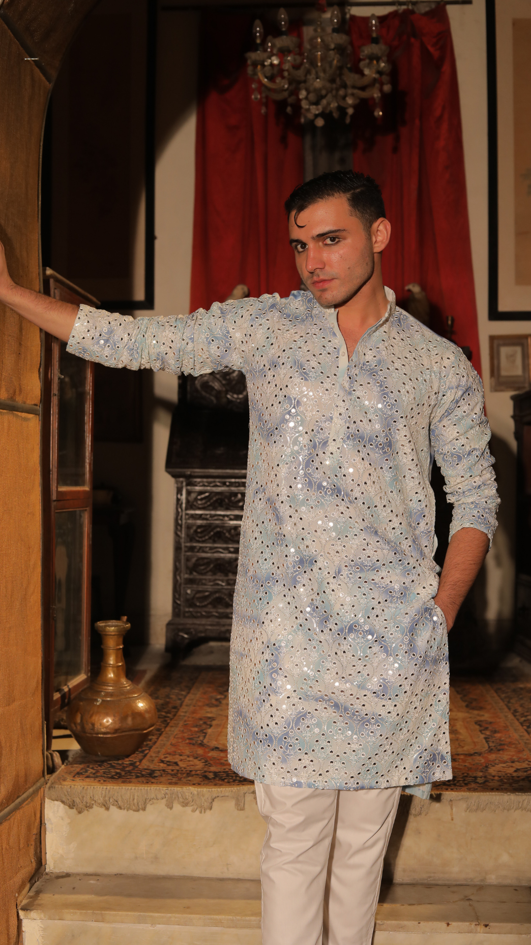 MR 77 White And Blue Chanderi Kurta With Trouser