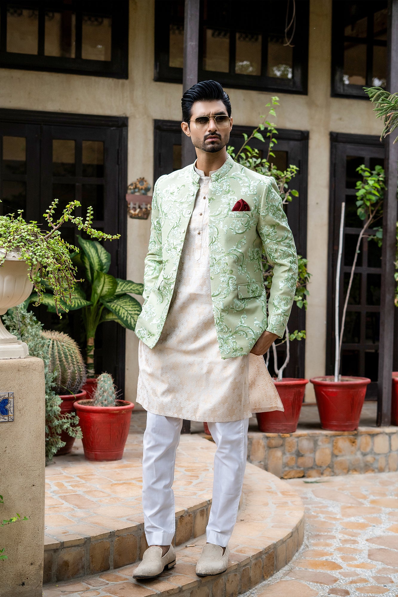 ER 2077 Pastel Lime Green Prince Coat For Men mashalcouture.com