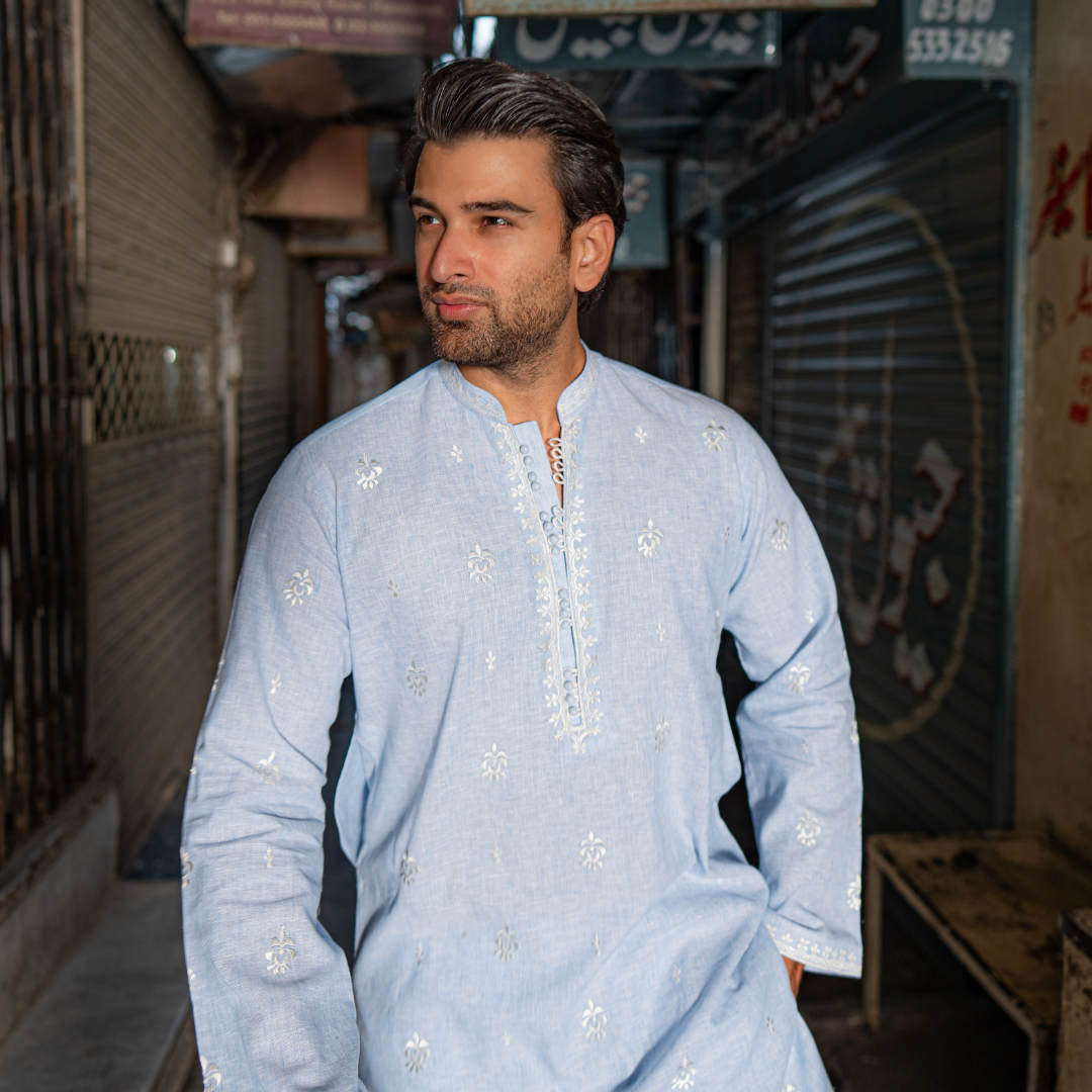 CK 751 Sky Blue Short Embroidered Kurta With Farshi Shalwar