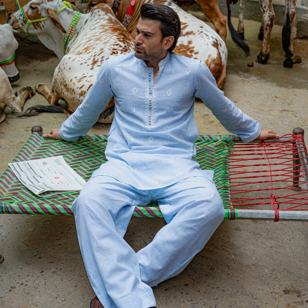 CK 751 Sky Blue Short Embroidered Kurta With Farshi Shalwar