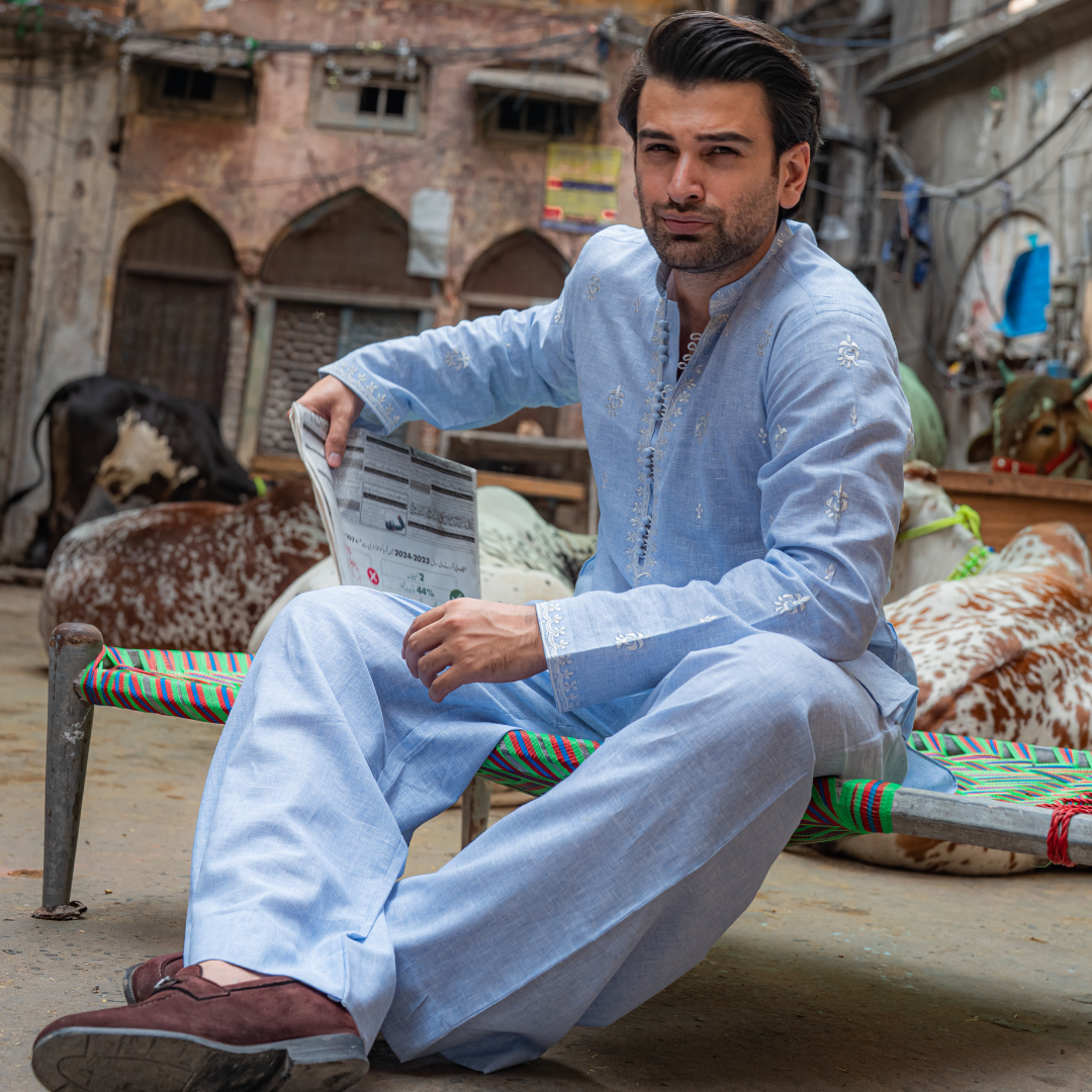 CK 751 Sky Blue Short Embroidered Kurta With Farshi Shalwar
