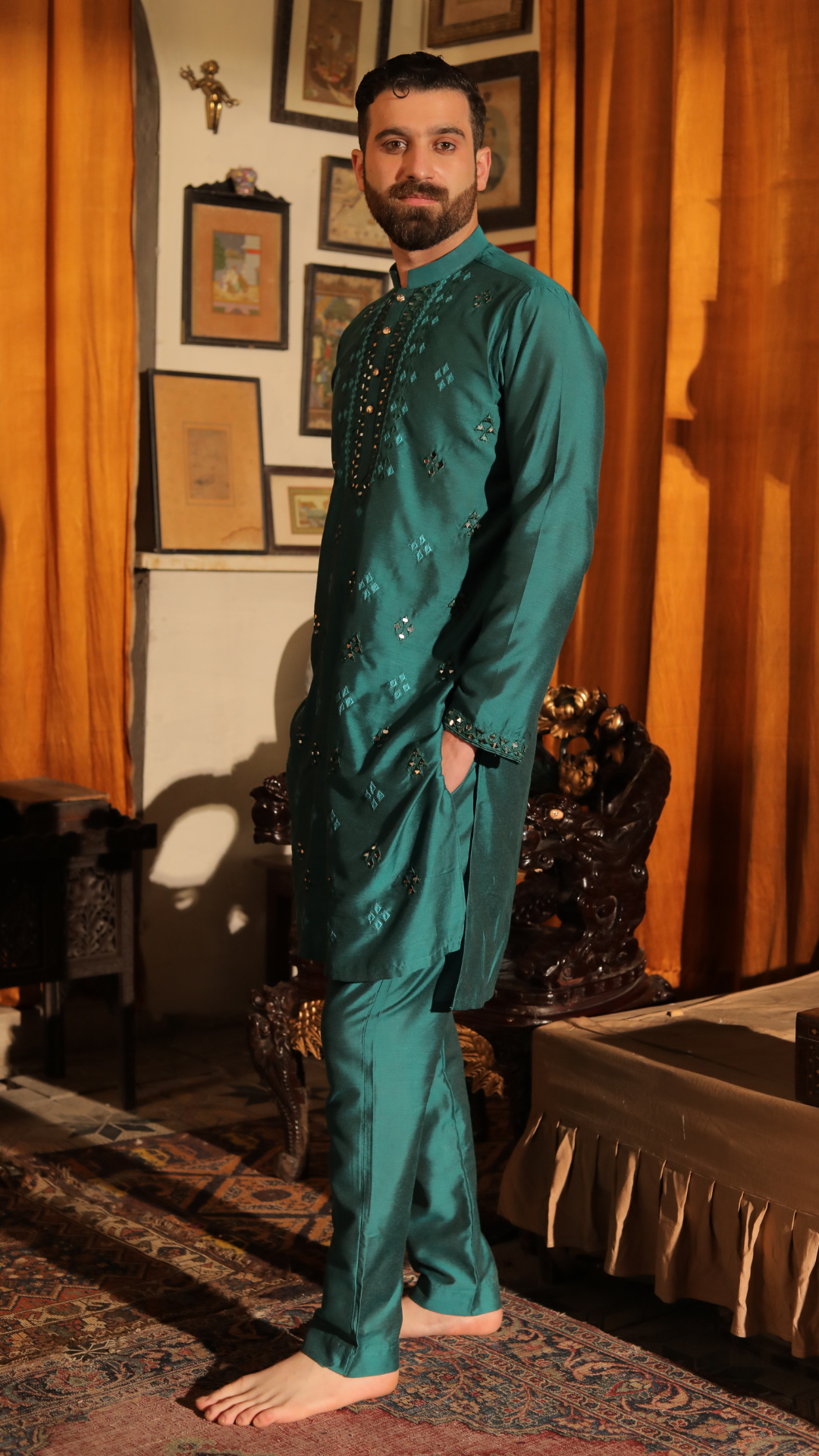 MR 71 Green Mirror Work Kurta Pajama For Groom