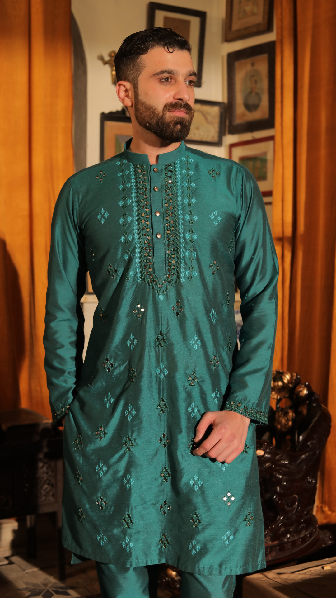 MR 71 Green Mirror Work Kurta Pajama For Groom