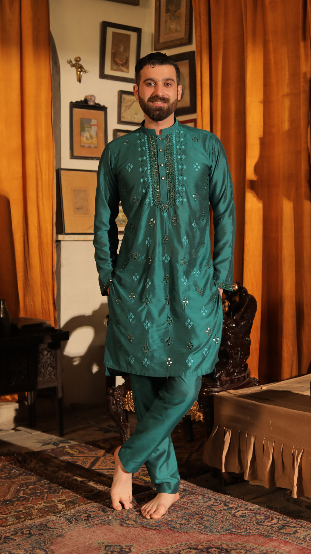 MR 71 Green Mirror Work Kurta Pajama For Groom