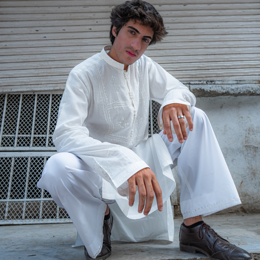 CK 752 White Embroidered Kurta With Farshi Shalwar