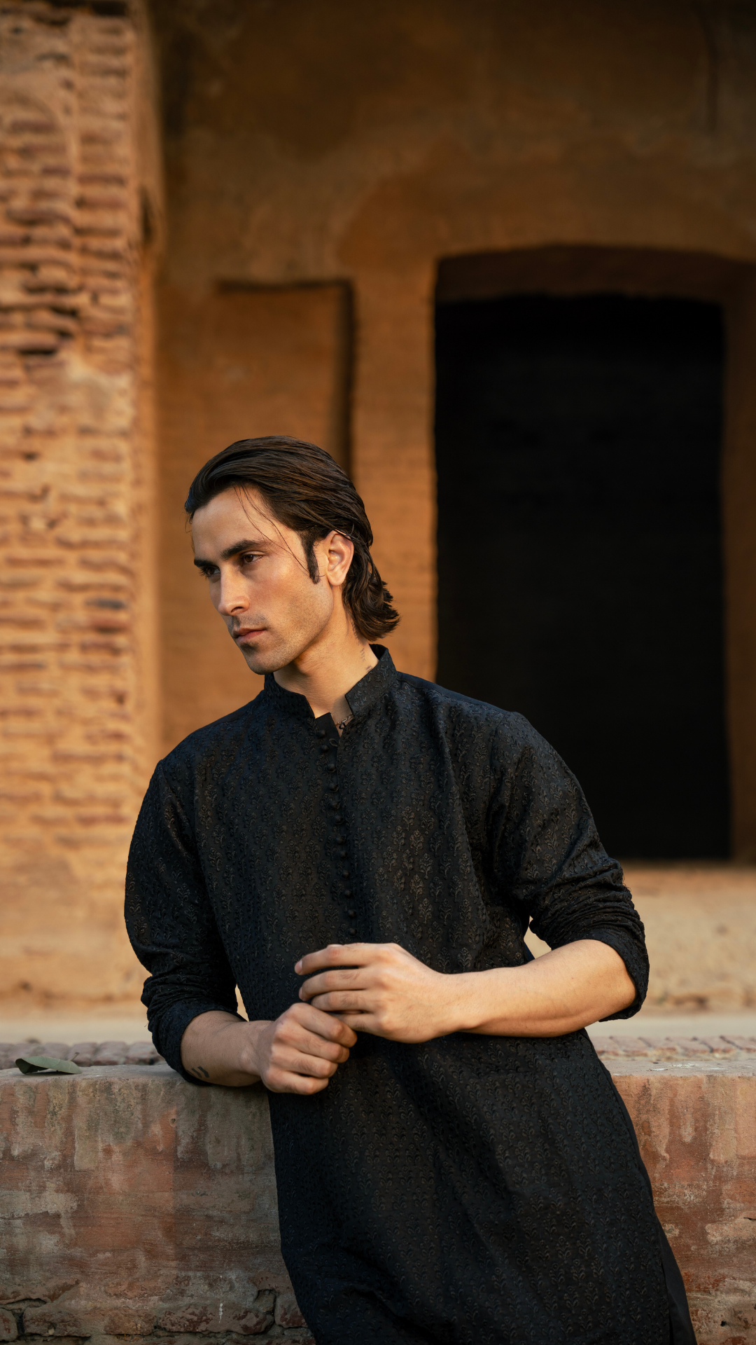 CK 747 Black Needlework Kurta Pajama For Men