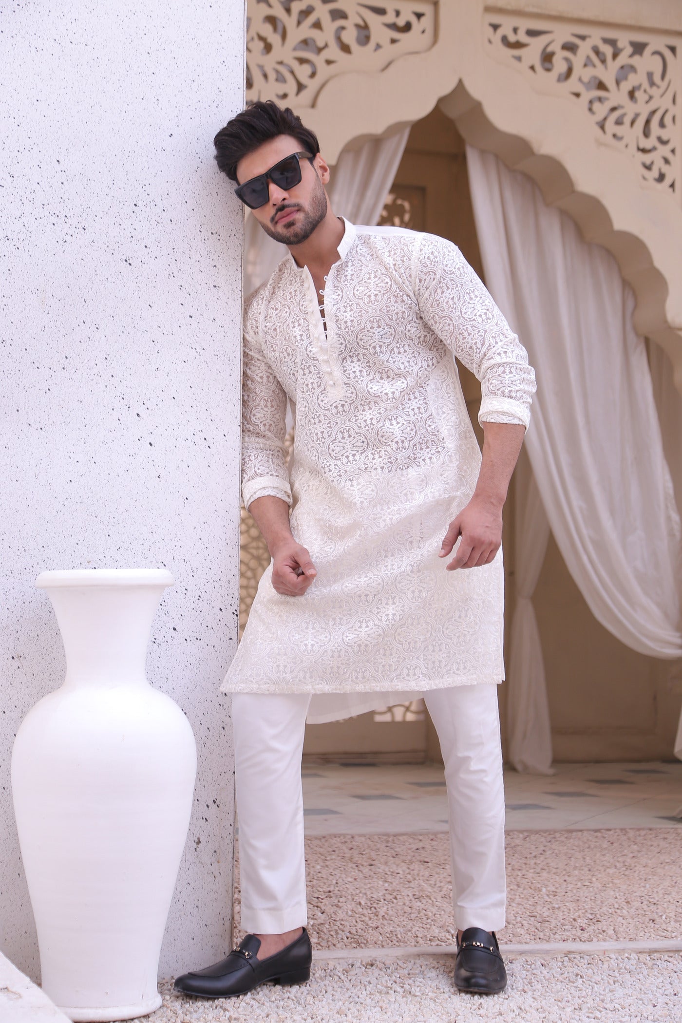 ER MR 40 White Chicken Kari See Through Fabric Kurta Pajama For Men