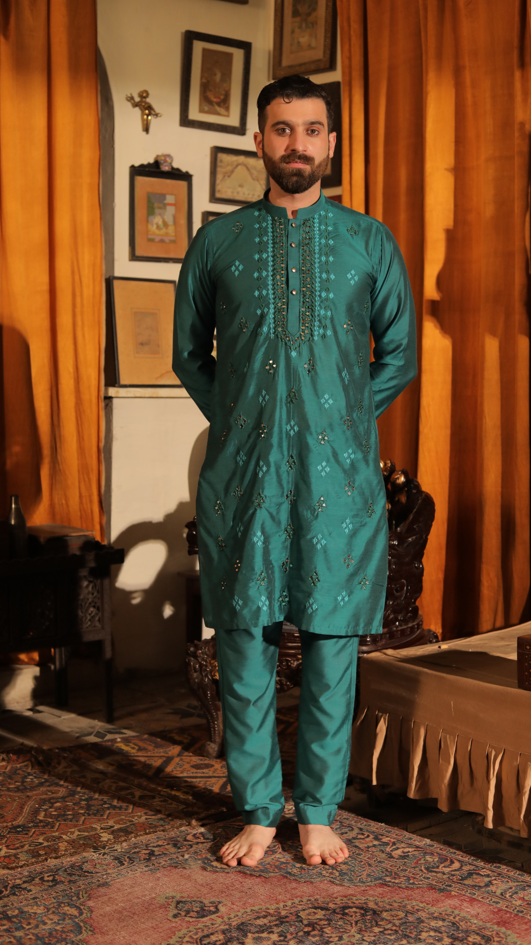 MR 71 Green Mirror Work Kurta Pajama For Groom