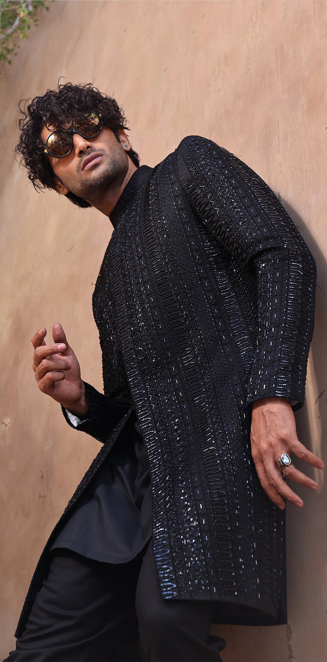 ER SH 102 Black Hand Work Sherwani For Groom