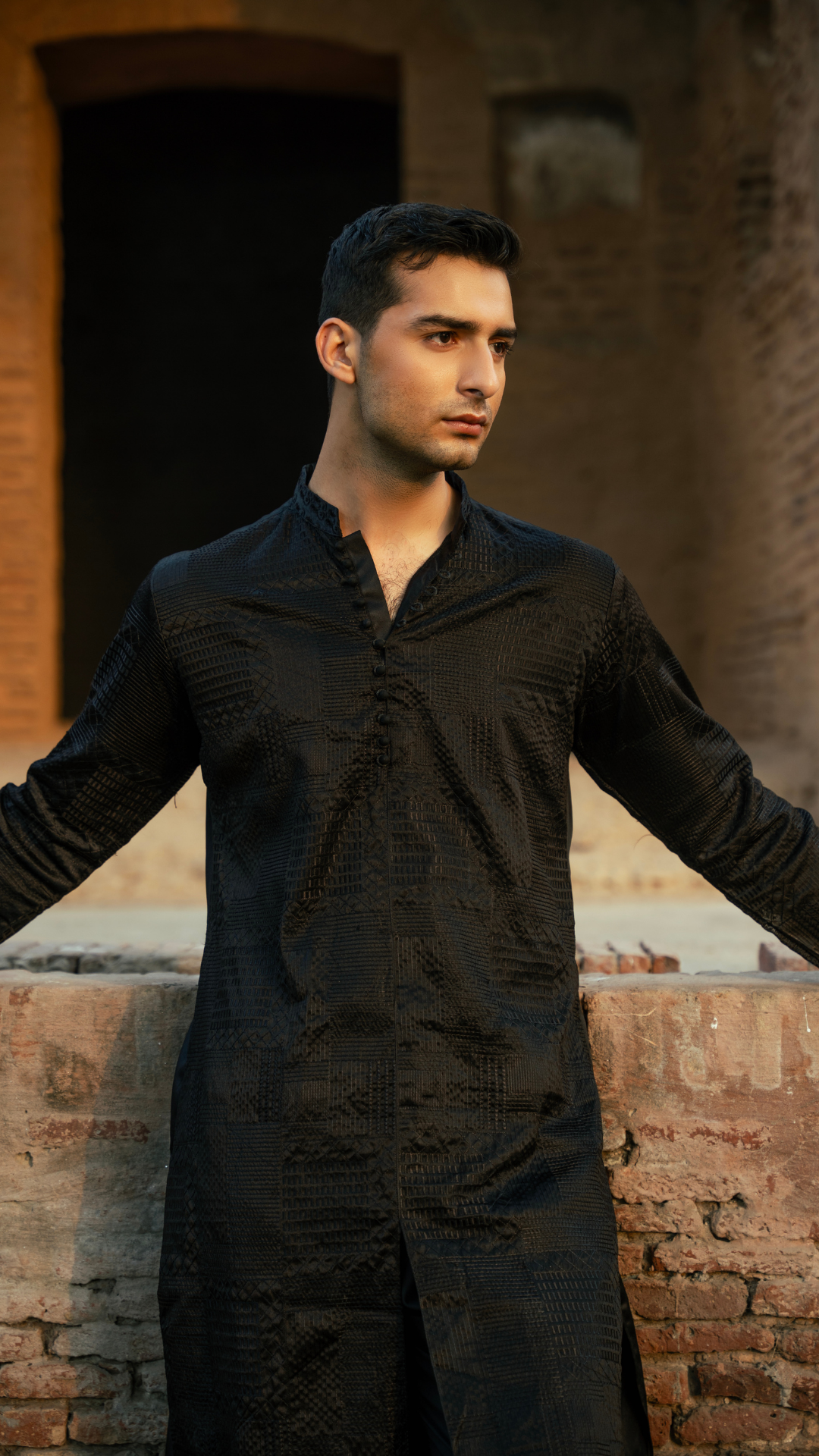 CK 743 Black Front Open Emb Men Kurta With Trouser
