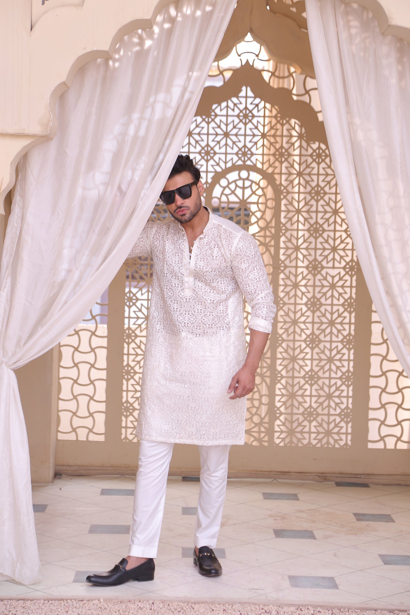 ER MR 40 White Chicken Kari See Through Fabric Kurta Pajama For Men