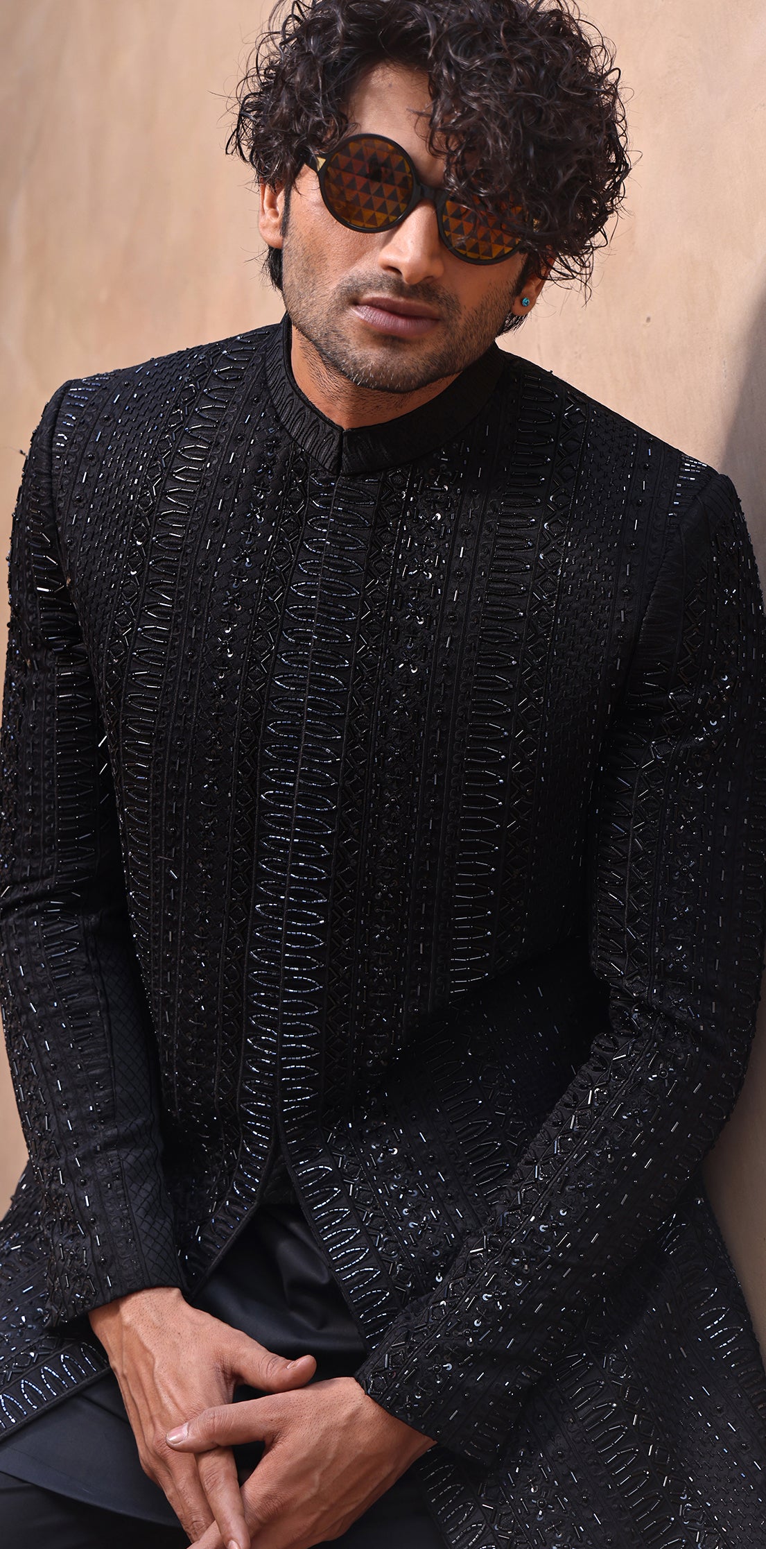 ER SH 102 Black Hand Work Sherwani For Groom