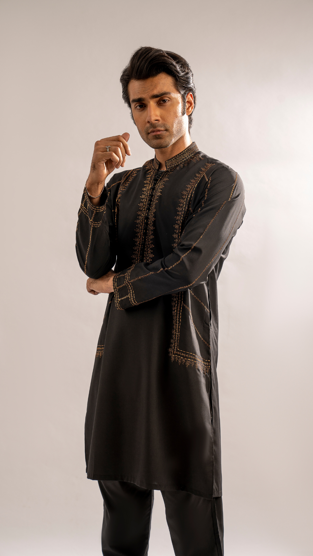 CK 790 Ravish Black Embroidered Kurta Shalwar Men