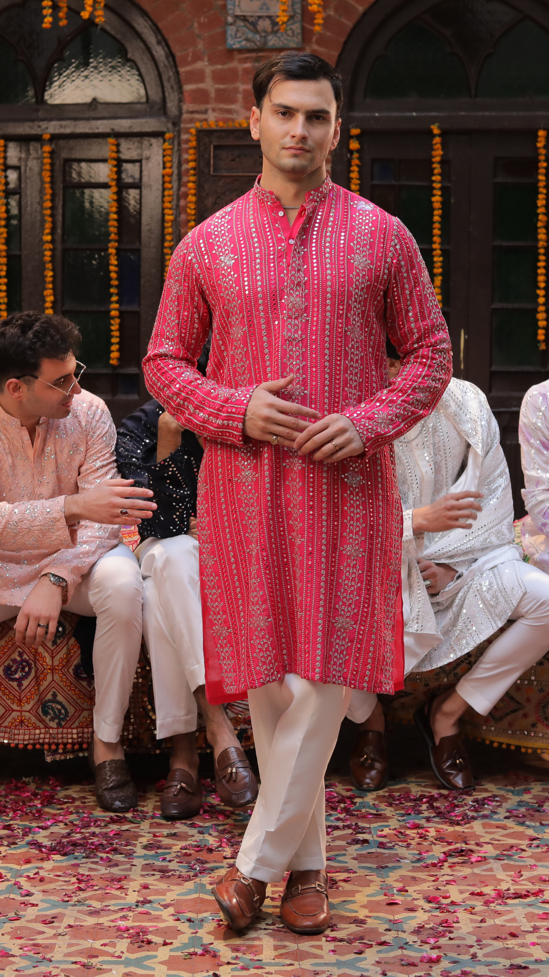 MR 73 Pink Embroidered Chanderi Kurta Pajama for Men