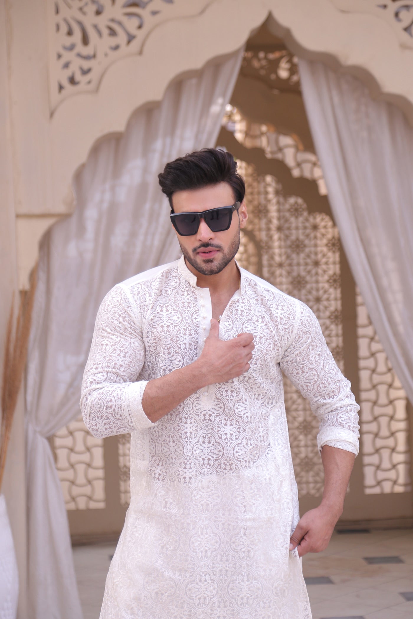 ER MR 40 White Chicken Kari See Through Fabric Kurta Pajama For Men