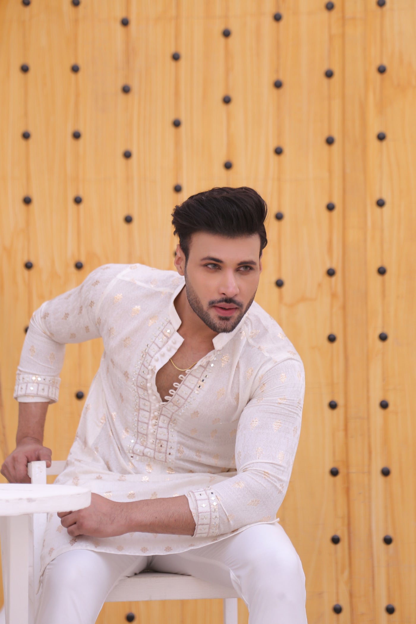 ER MR 51 White Mirror Work Self Cotton Silk Fabric Kurta Pajama Mirror Work For Men