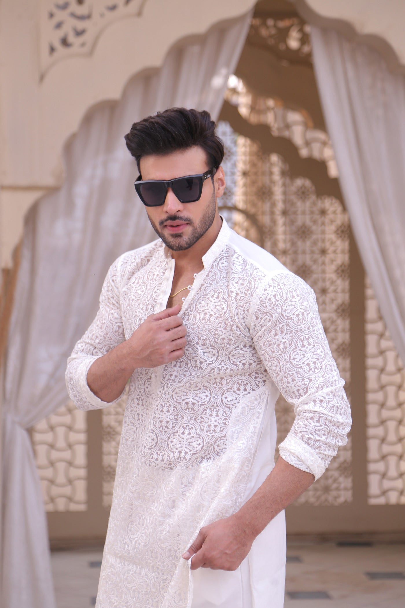 ER MR 40 White Chicken Kari See Through Fabric Kurta Pajama For Men