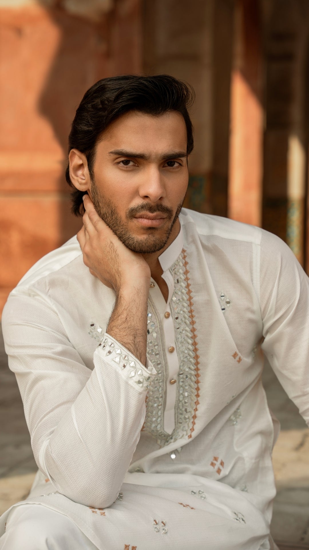 MR 65 White Mirror Work Kurta Pajama For Men