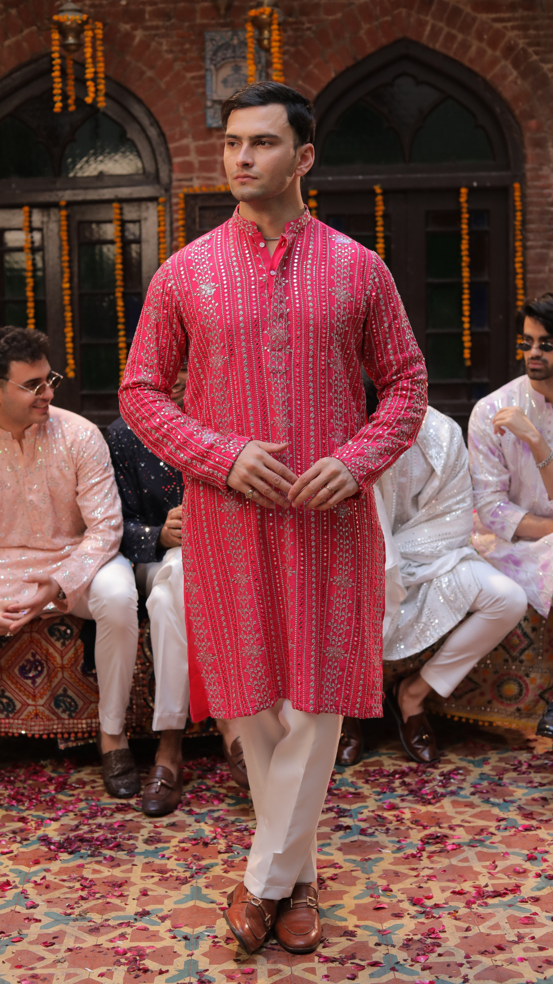MR 73 Pink Embroidered Chanderi Kurta Pajama for Men