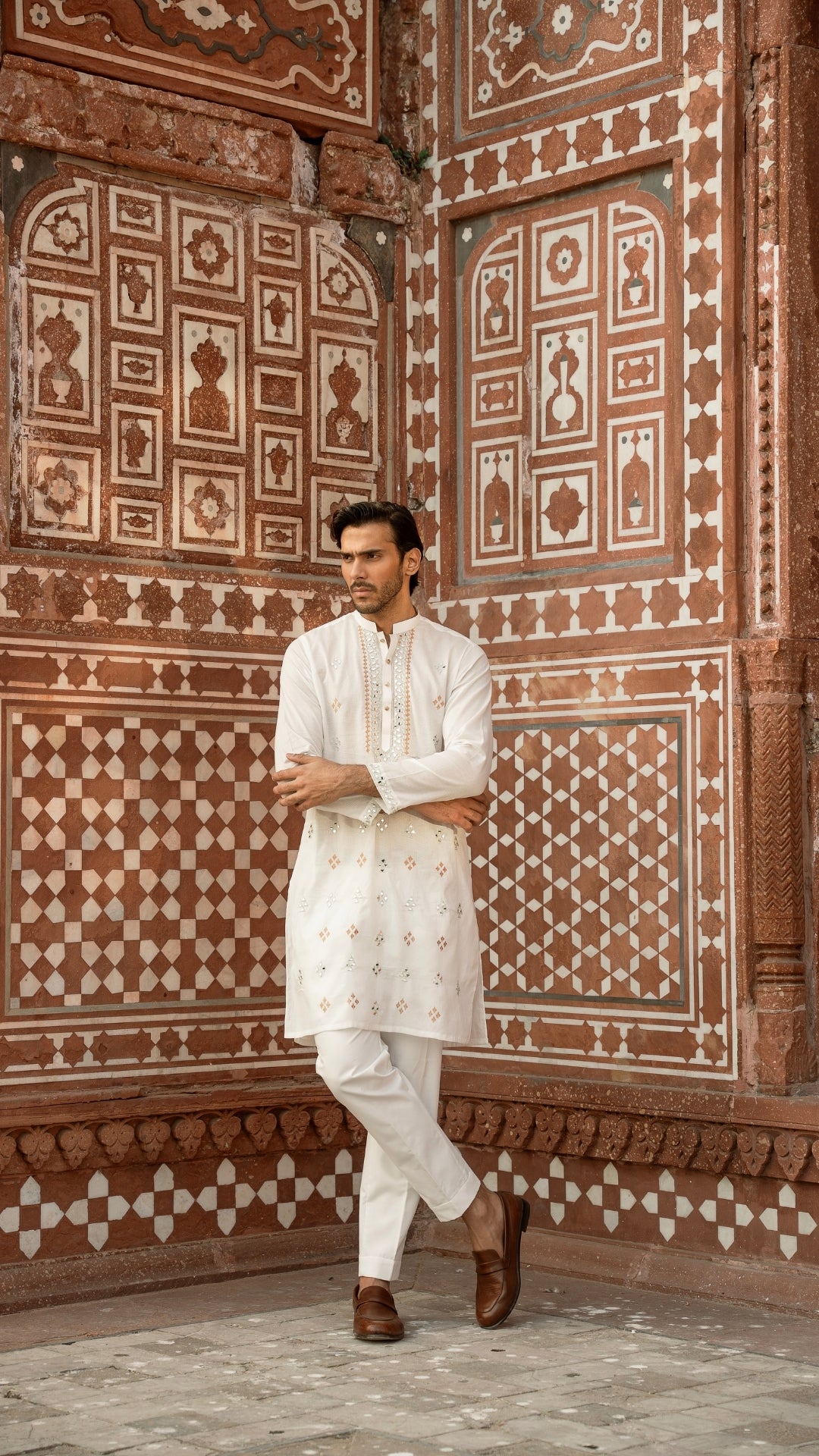 MR 65 White Mirror Work Kurta Pajama For Men