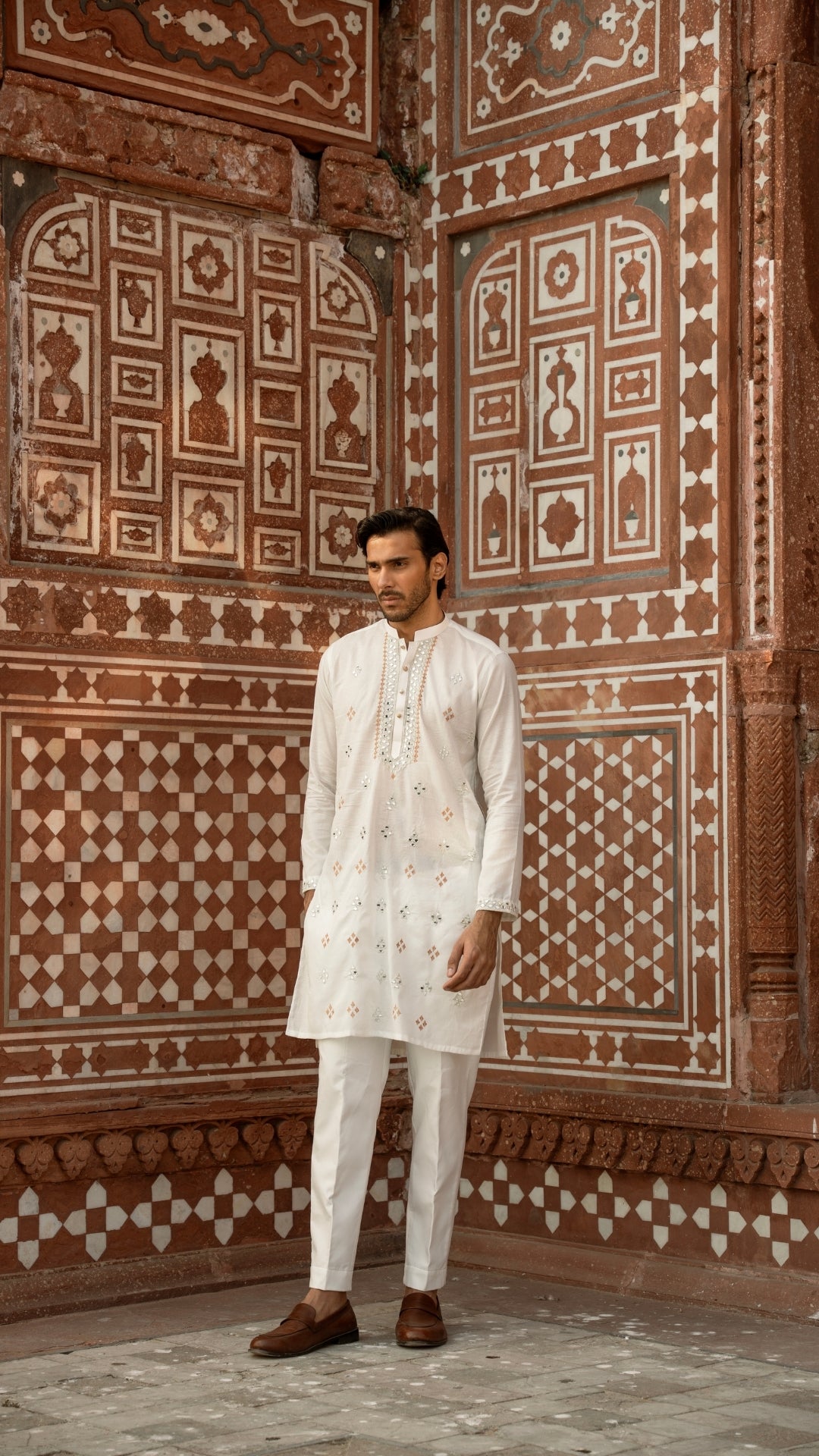 MR 65 White Mirror Work Kurta Pajama For Men
