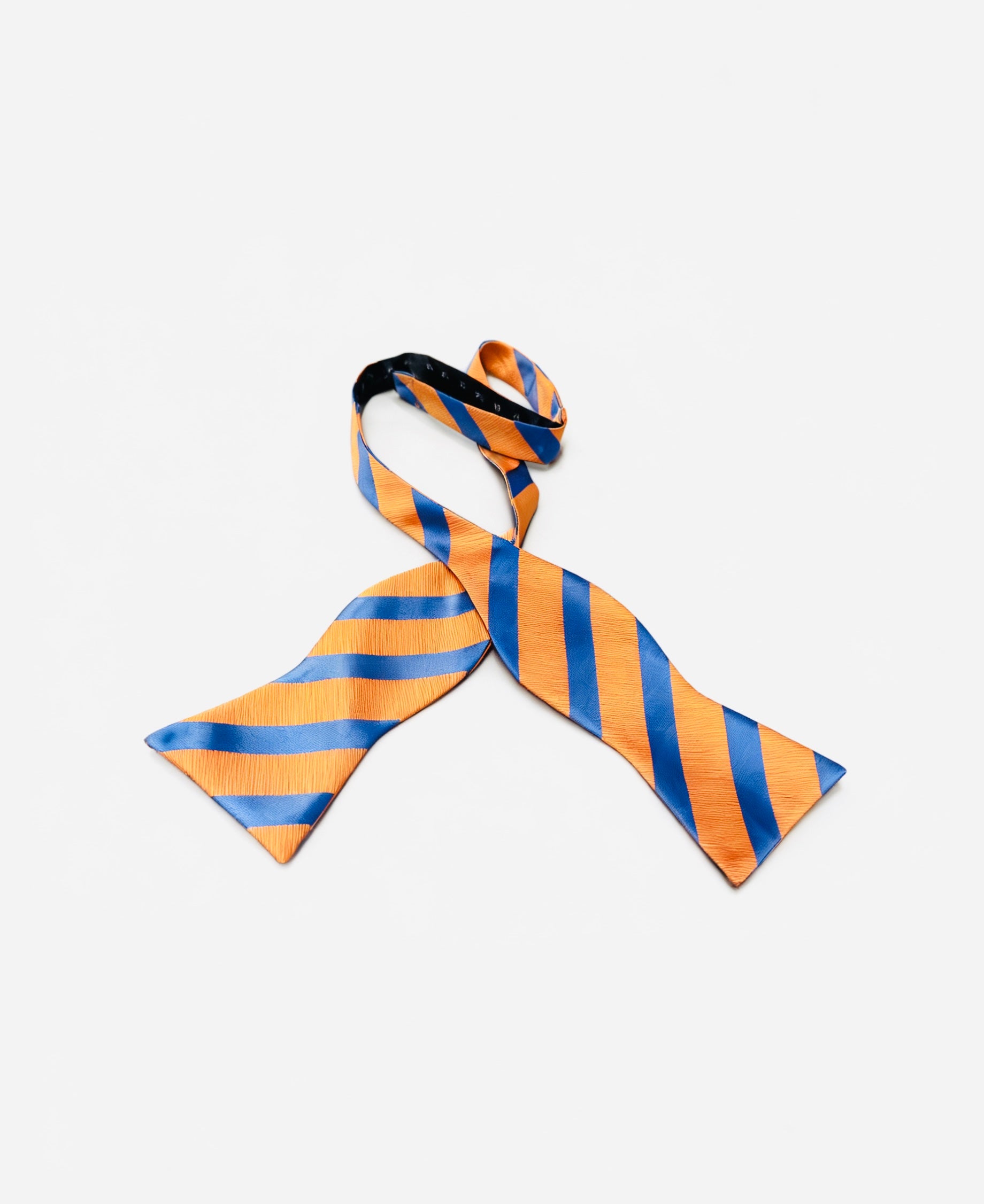 Orange and blue striped bow tie on a white background