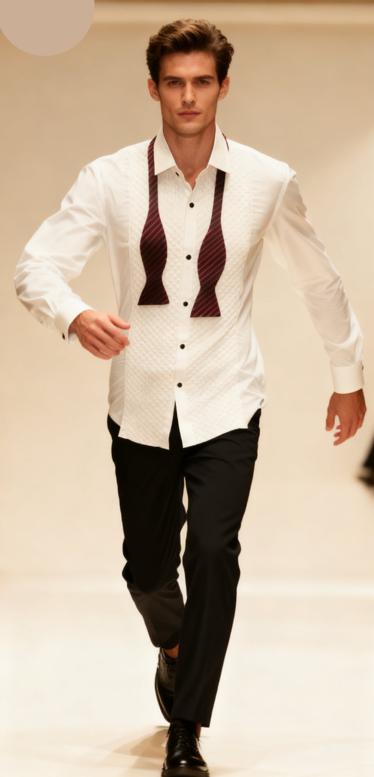 Man walking on a runway wearing a white shirt with a patterned tie and black pants.