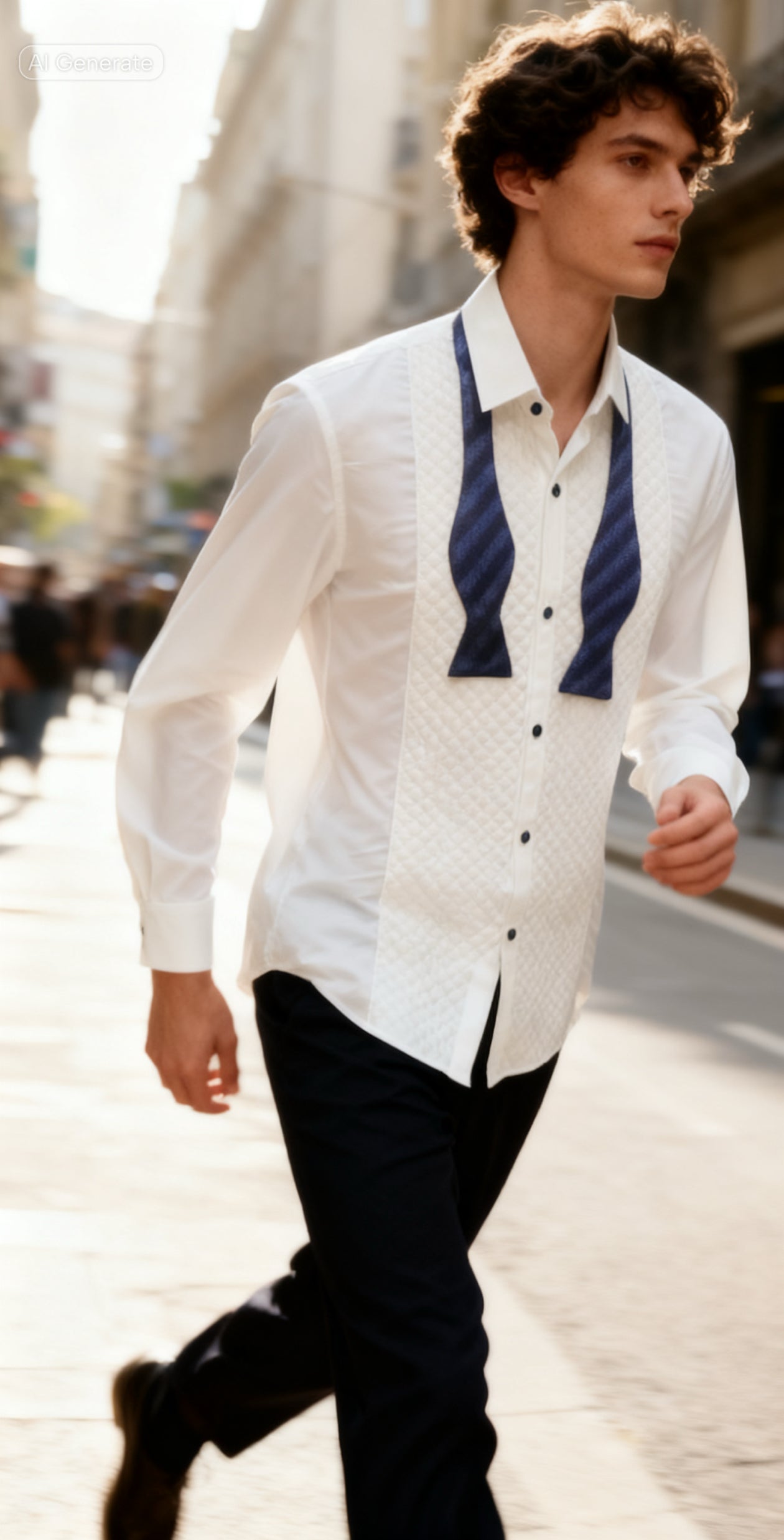 Man wearing a white shirt with a blue collar walking on a city street.