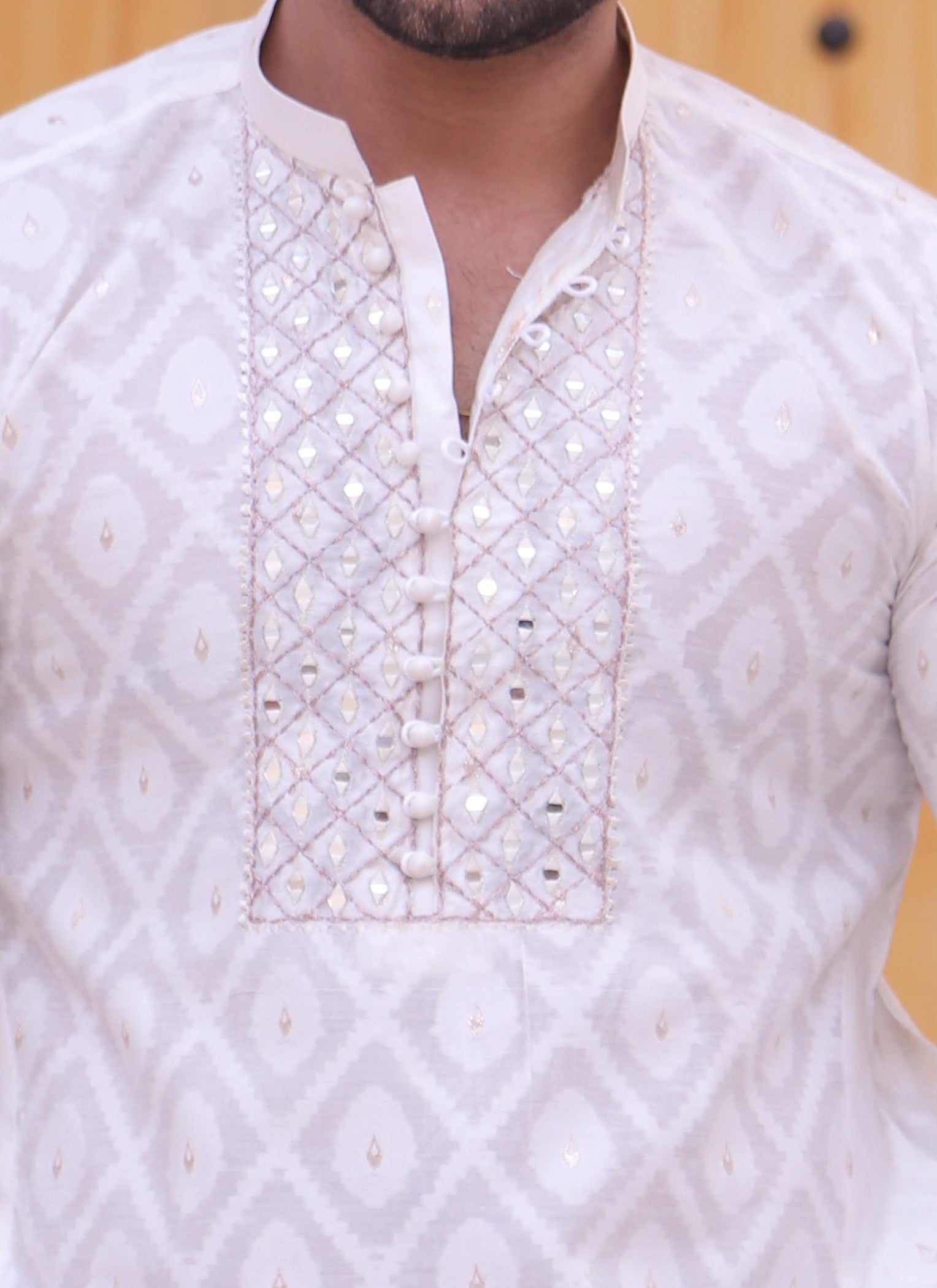 ER MR 46 White Mirror Work Self Cotton Silk Fabric Kurta Pajama Mirror Work For Men