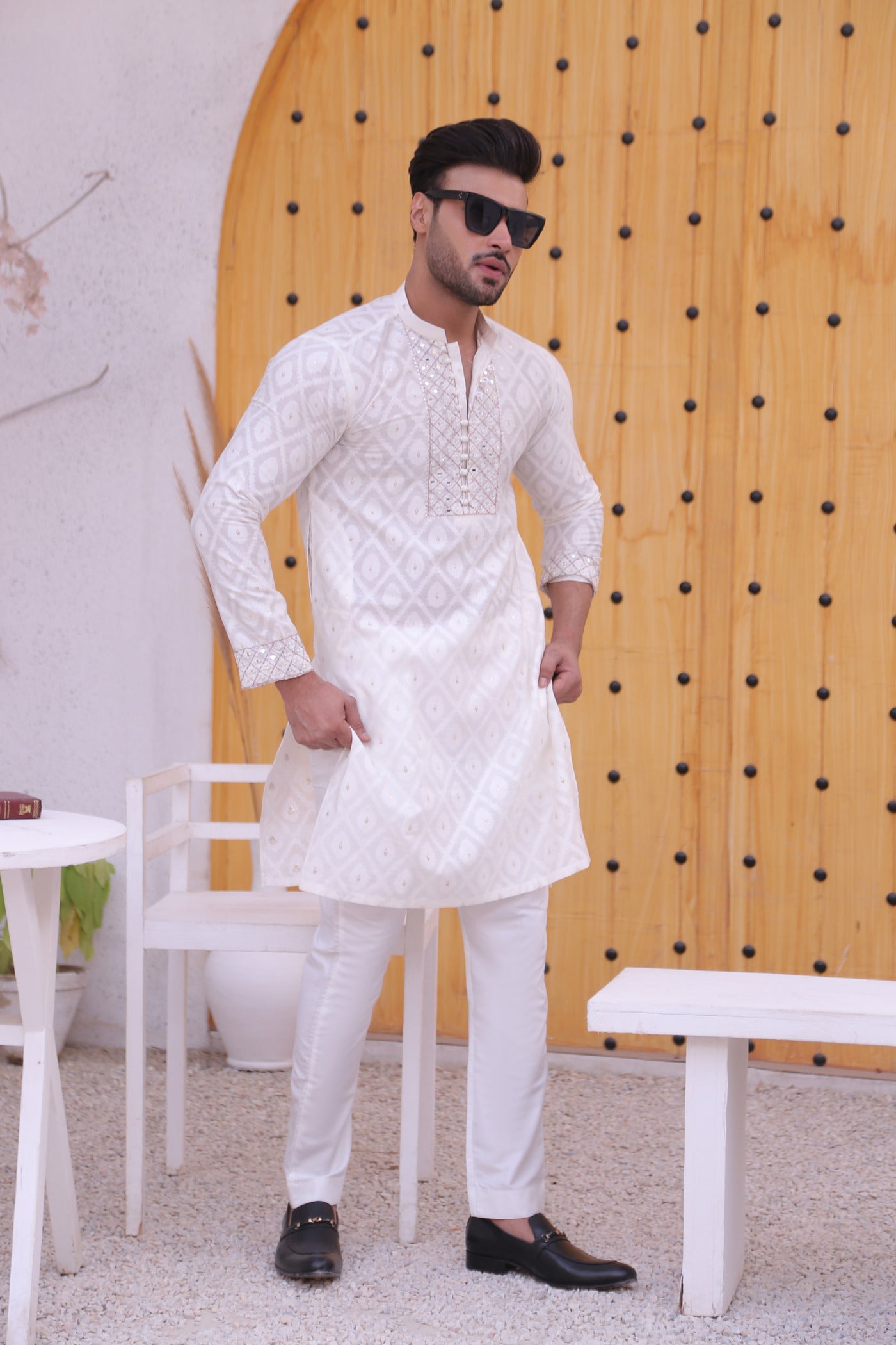 ER MR 46 White Mirror Work Self Cotton Silk Fabric Kurta Pajama Mirror Work For Men