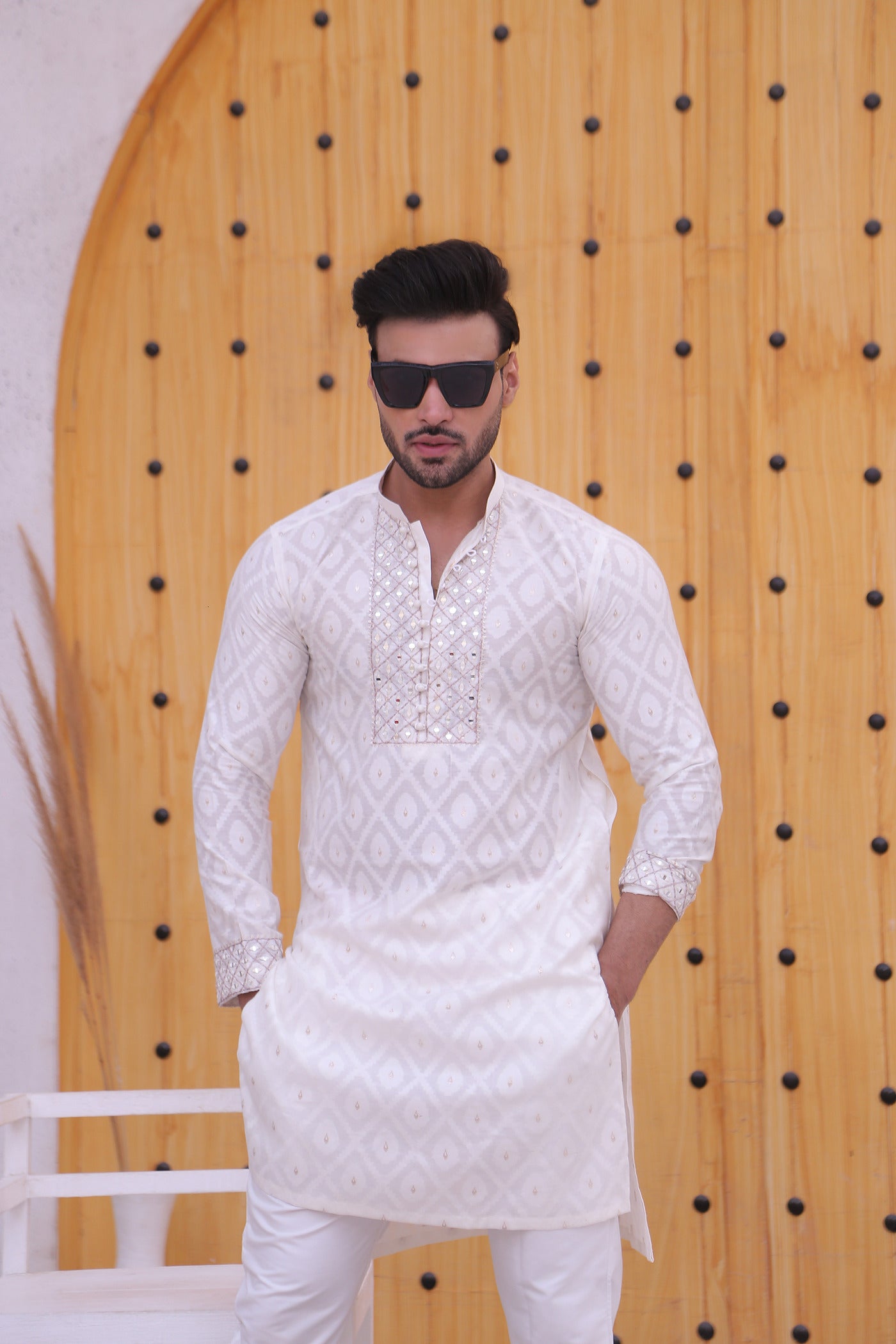 ER MR 46 White Mirror Work Self Cotton Silk Fabric Kurta Pajama Mirror Work For Men