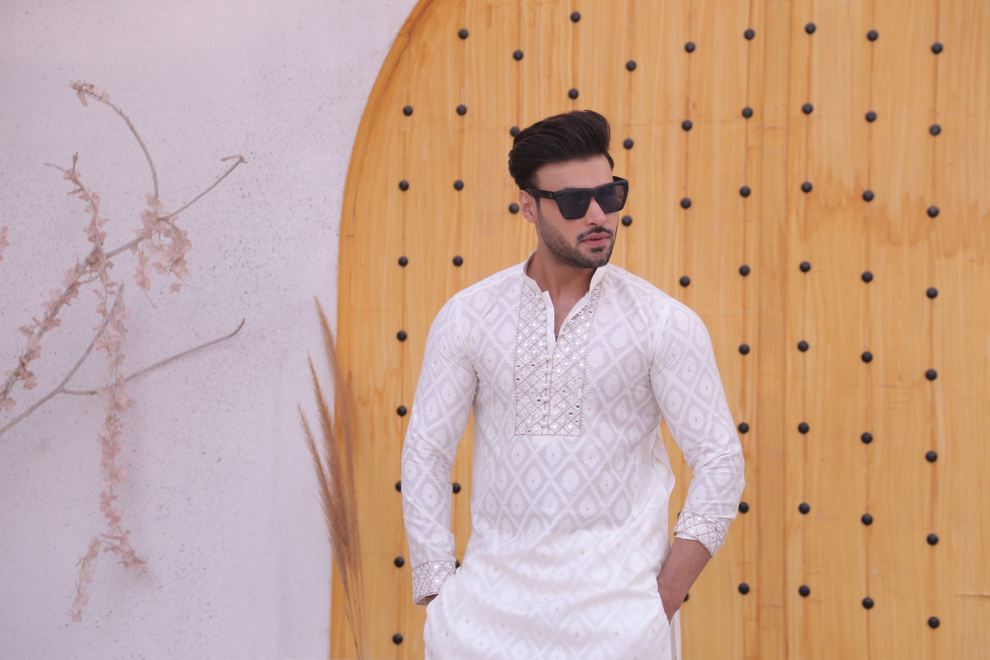 ER MR 46 White Mirror Work Self Cotton Silk Fabric Kurta Pajama Mirror Work For Men