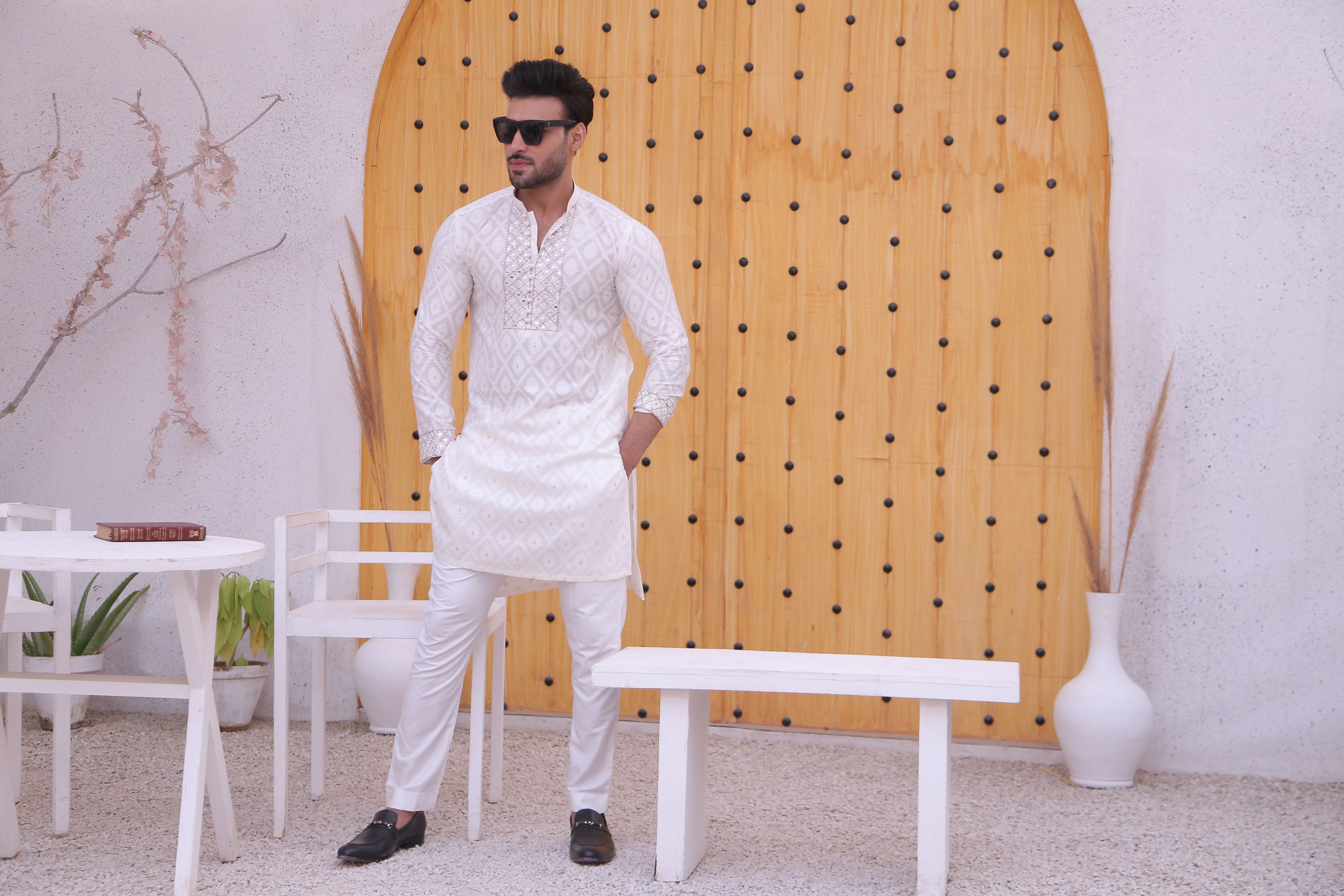 ER MR 46 White Mirror Work Self Cotton Silk Fabric Kurta Pajama Mirror Work For Men