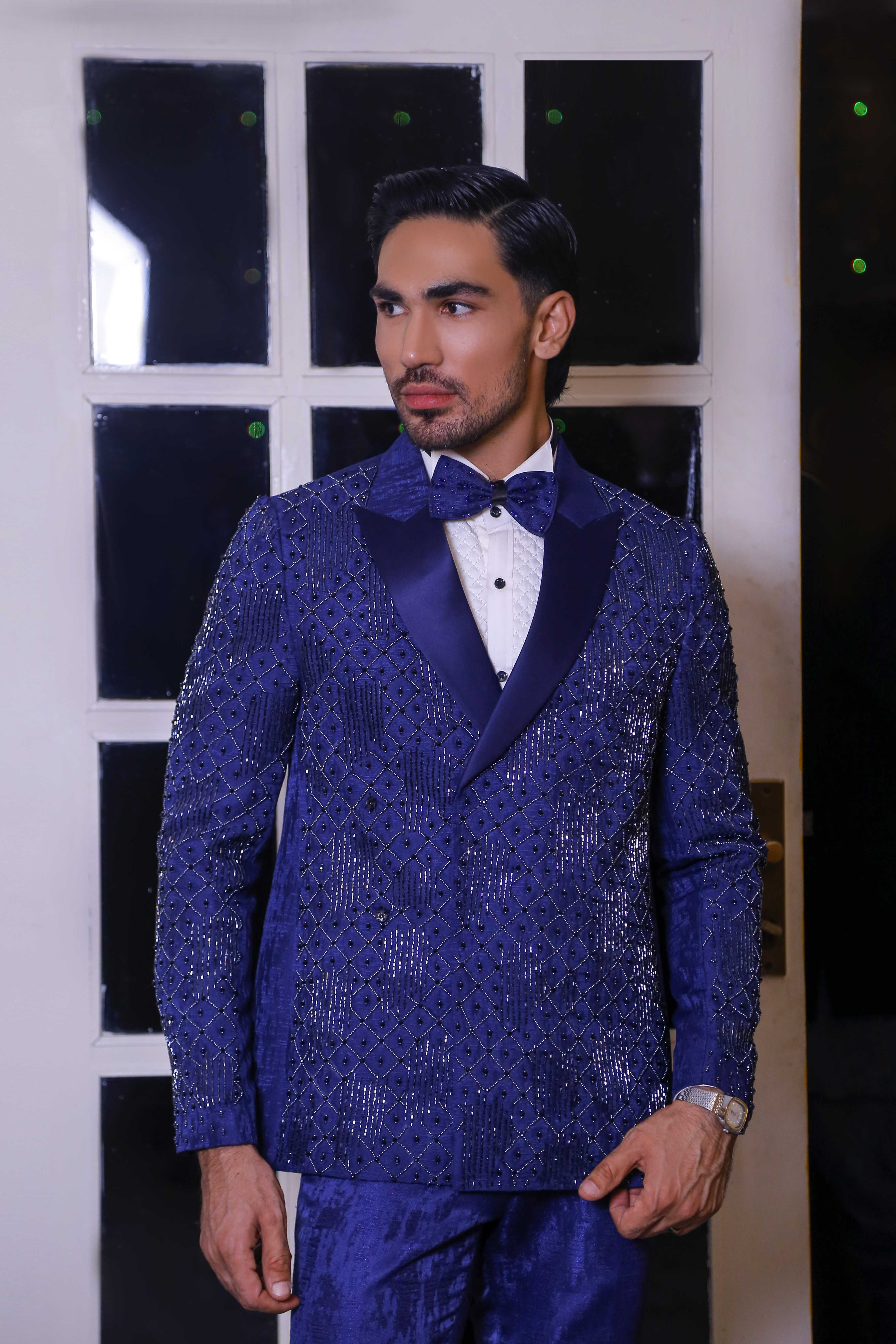 Blue Hand Work Tuxedo For Groom
