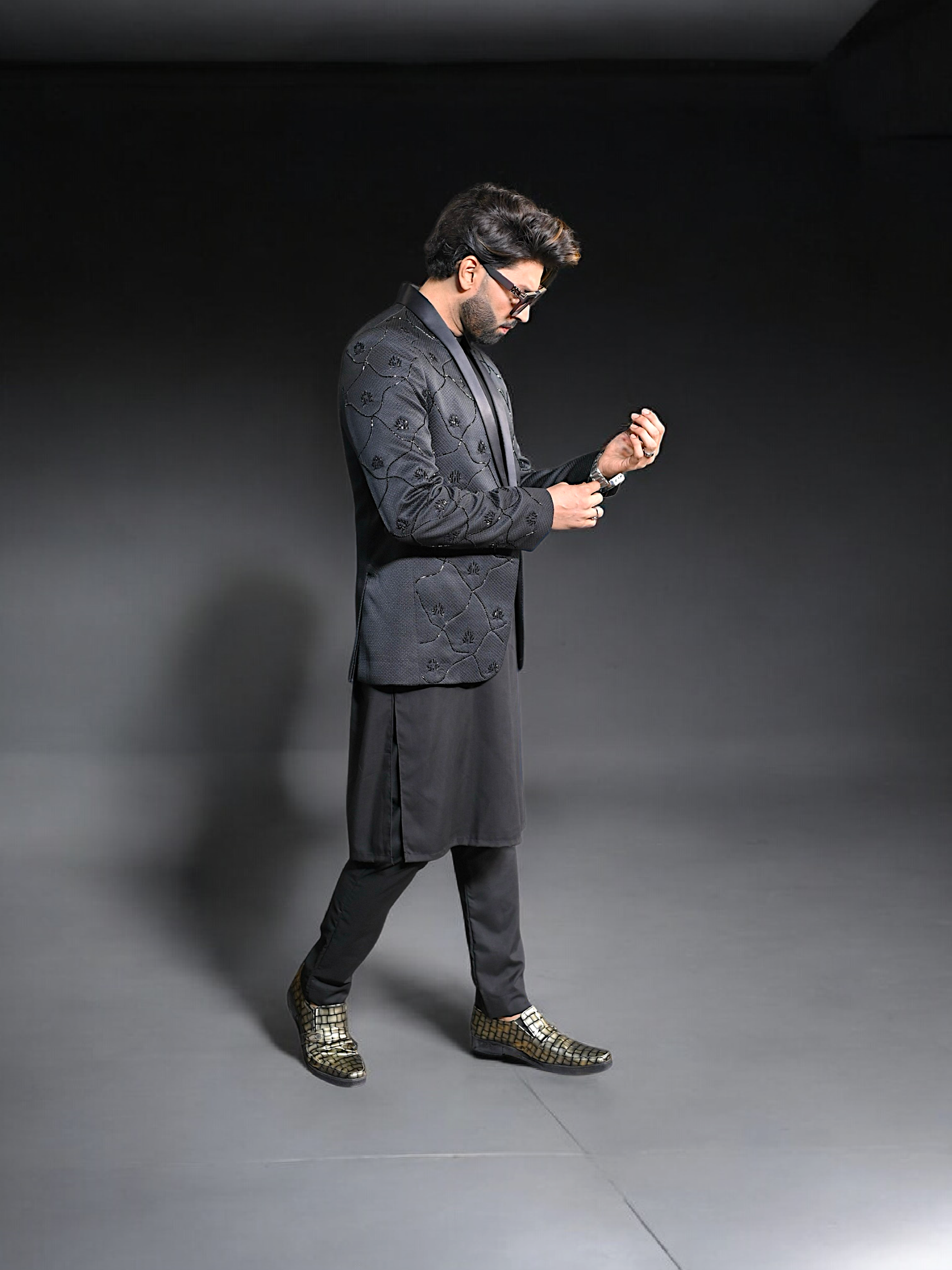 Black Hand Work Coat With Kurta