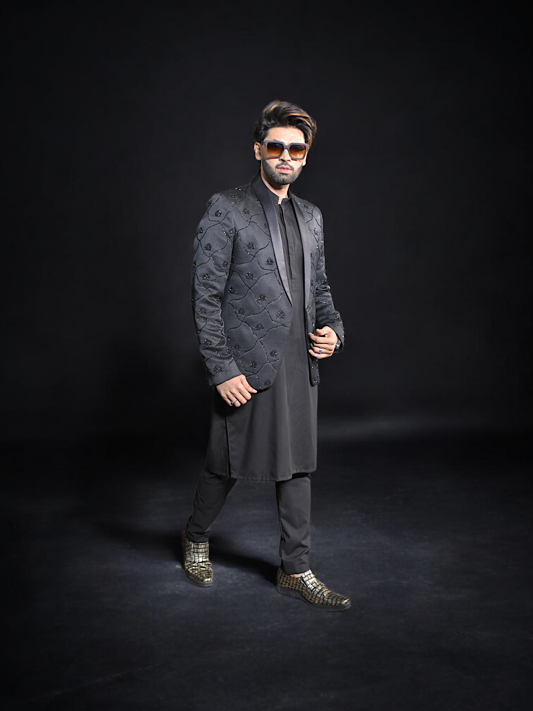 Black Hand Work Coat With Kurta
