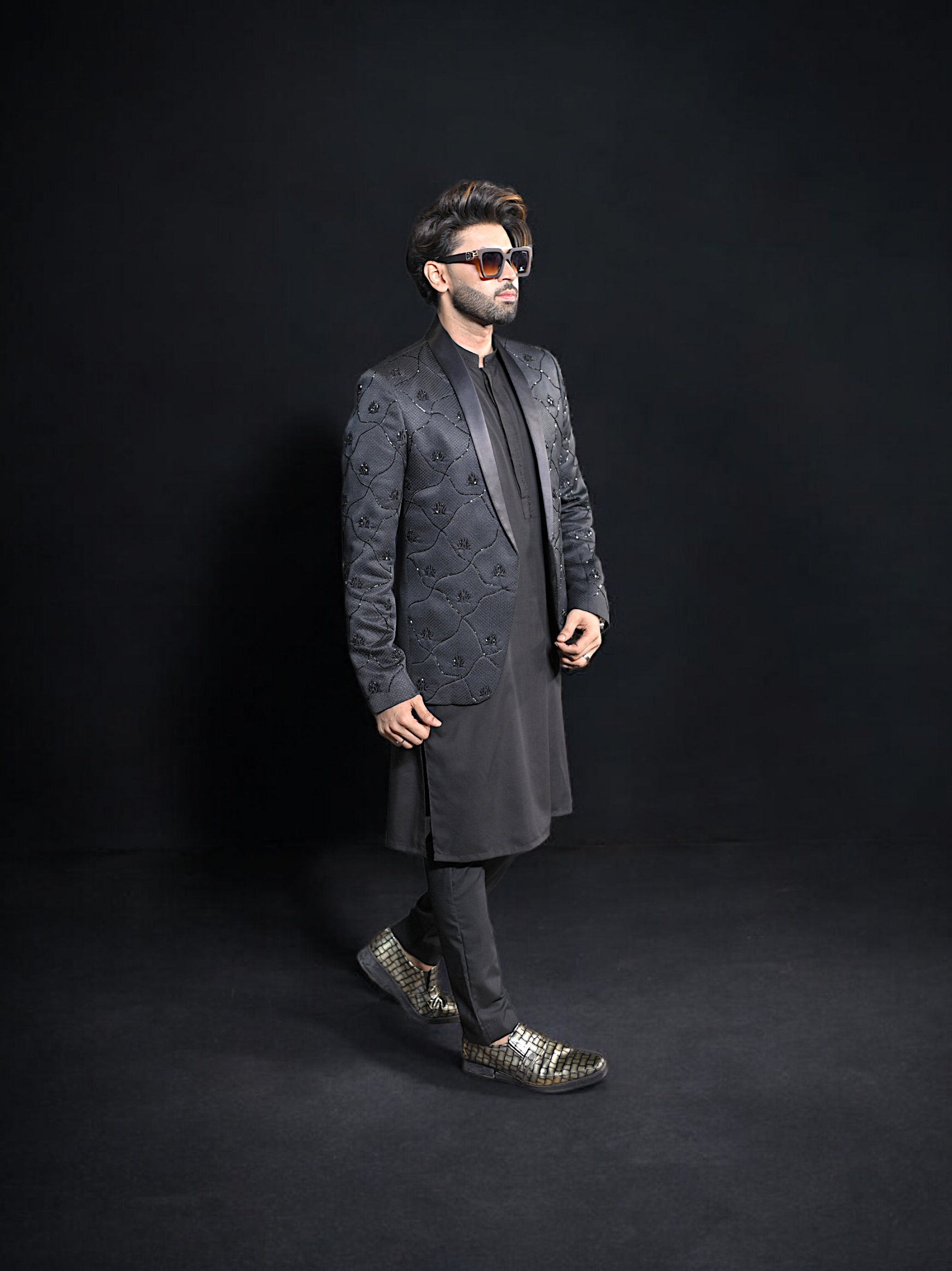 Black Hand Work Coat With Kurta