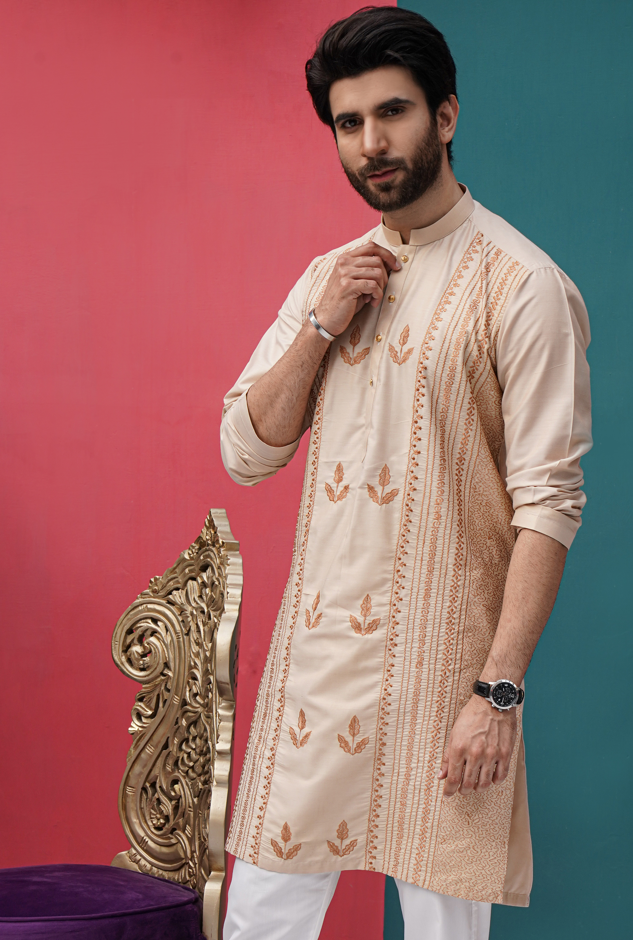 ER 592 Gold Coton Silk With Dark Chiicken Kari EMbroidery