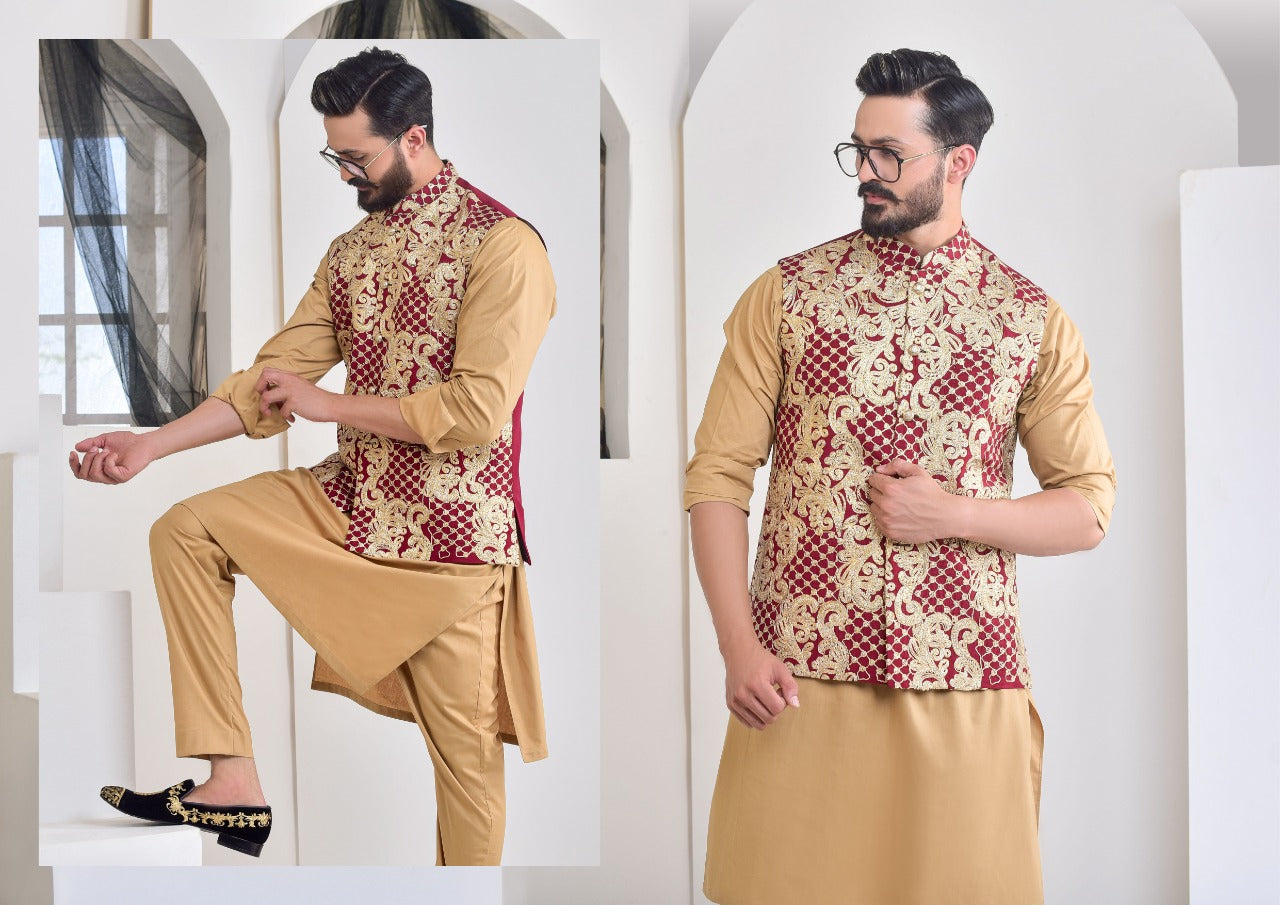 ER WC 1018 Maroon Zari Kasab Embroided Waist Coat
